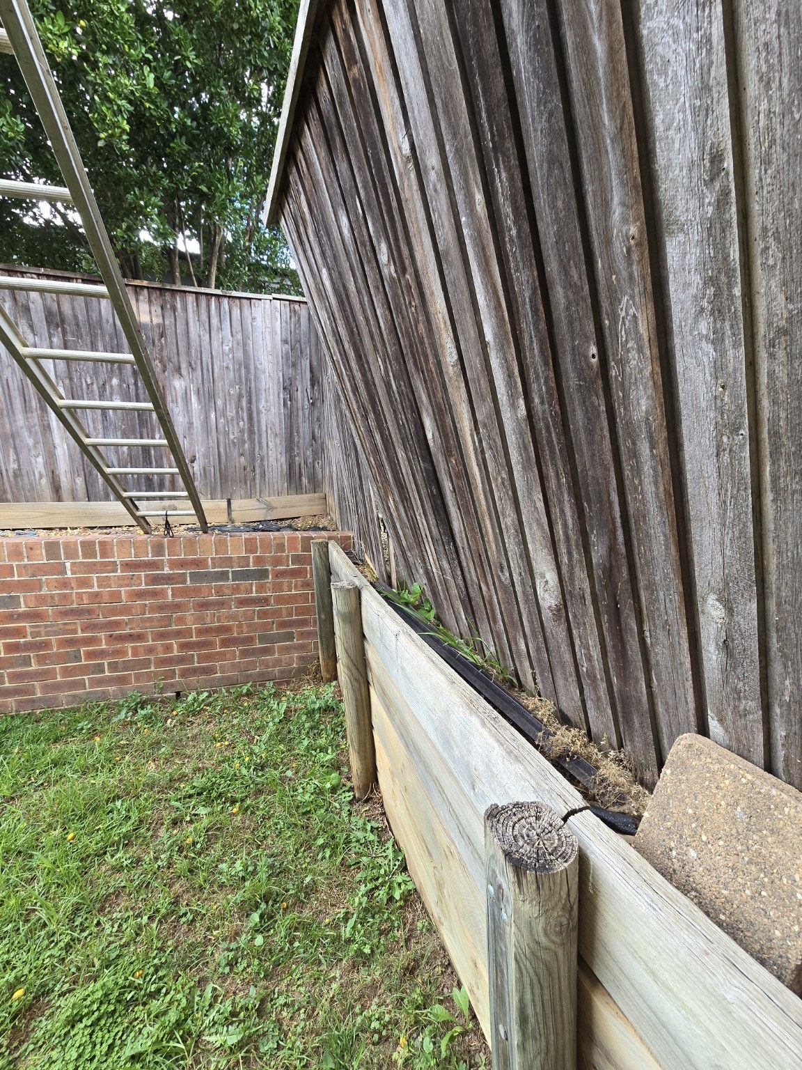 Leaning timber fence and retaining wall