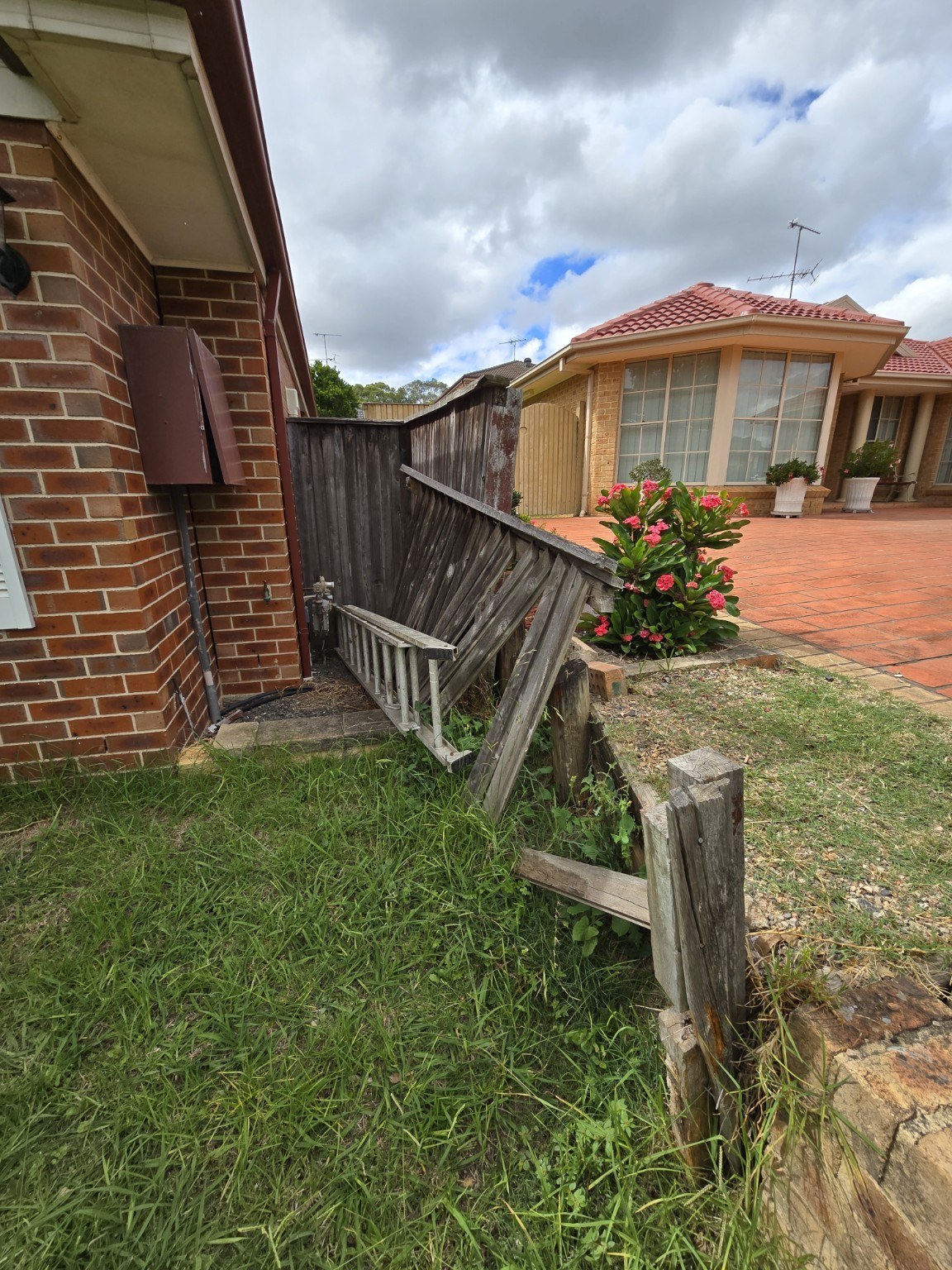 Collapsed timber fence section